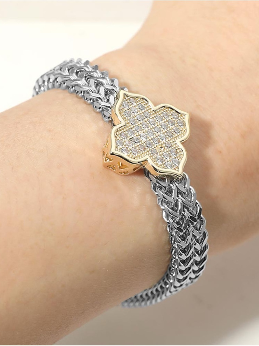 Two-Tone 14K Gold Plated Pave Clover Bracelet in Gold and Silver